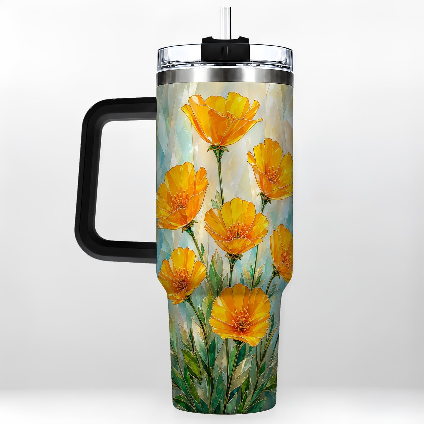 #pl[40oz|Black] Orange Poppy 40oz Tumbler with Handle, Floral Travel Cup