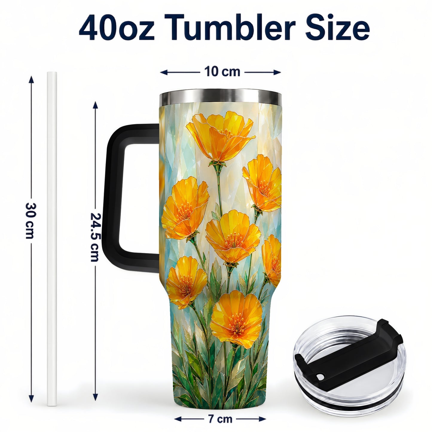 #pl[40oz|Black] Orange Poppy 40oz Tumbler with Handle, Floral Travel Cup