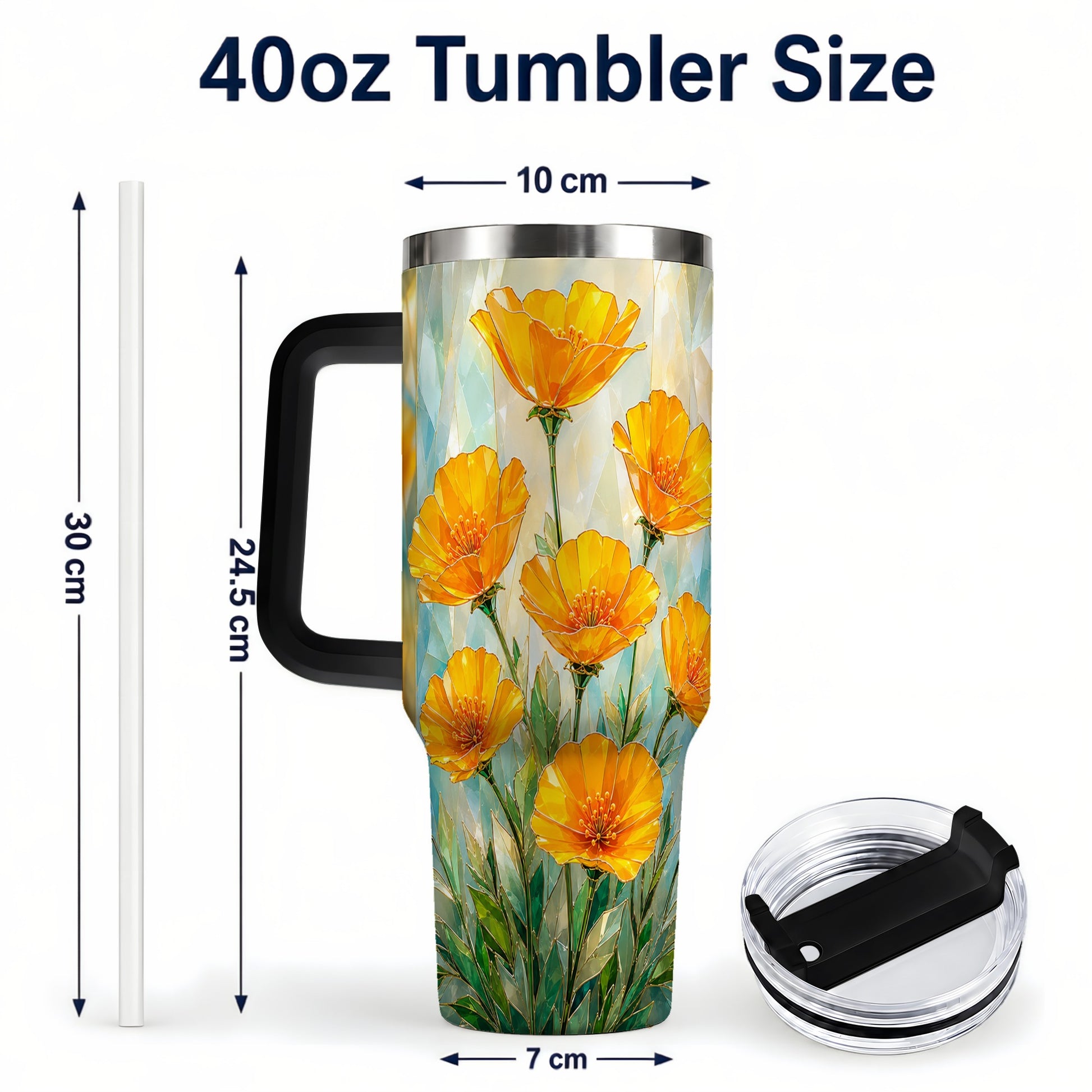 #pl[40oz|Black] Orange Poppy 40oz Tumbler with Handle, Floral Travel Cup
