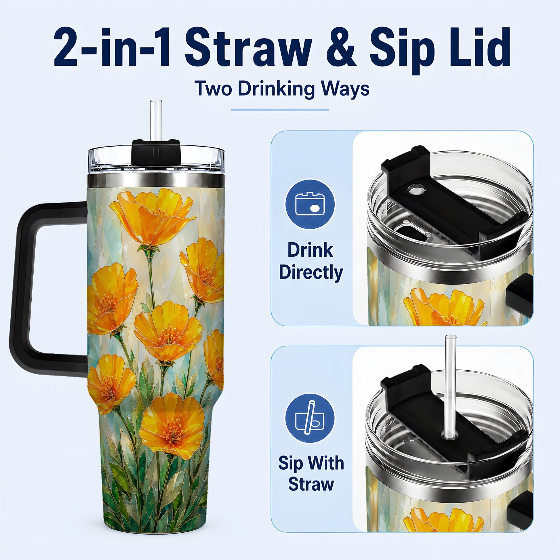 #pl[40oz|Black] Orange Poppy 40oz Tumbler with Handle, Floral Travel Cup