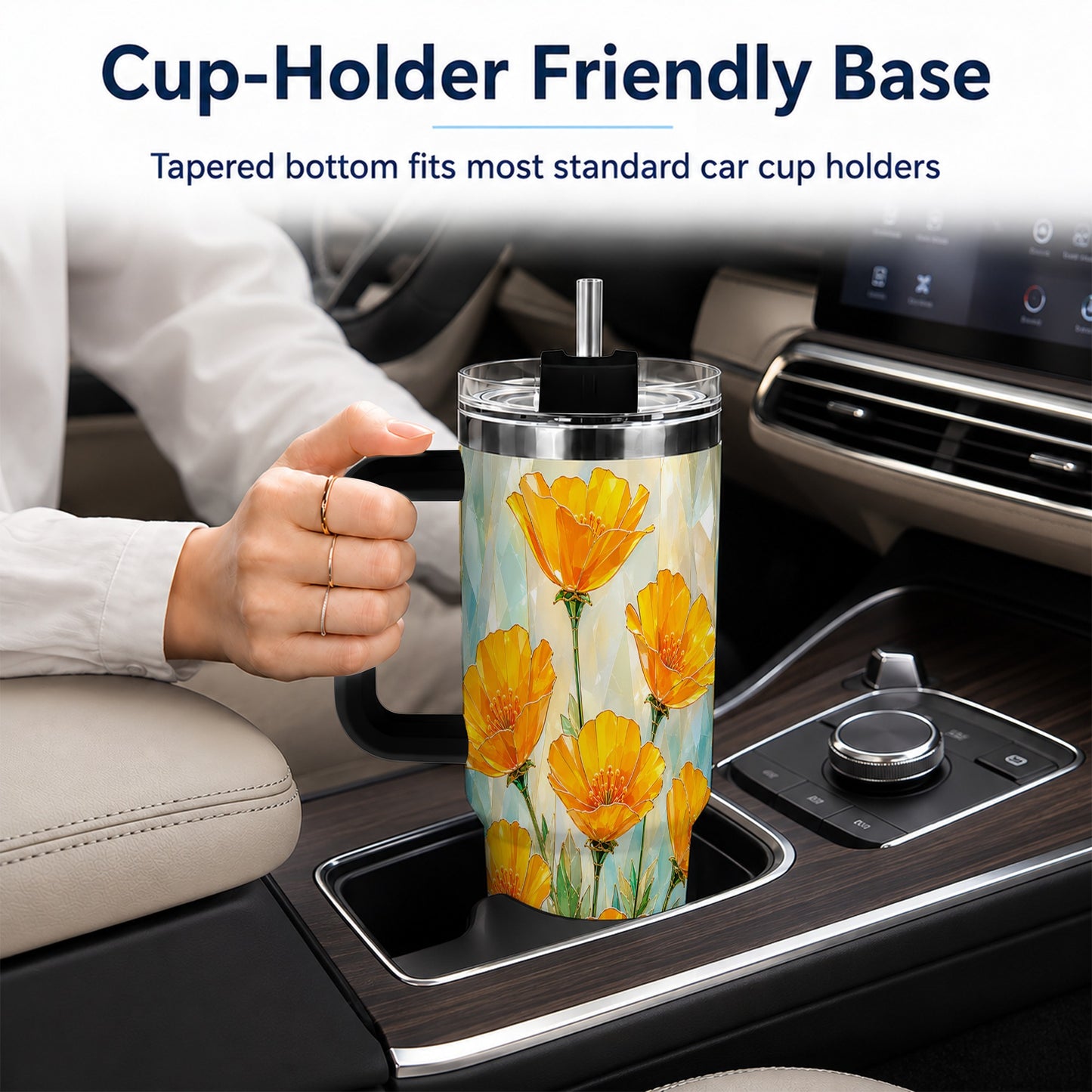 #pl[40oz|Black] Orange Poppy 40oz Tumbler with Handle, Floral Travel Cup