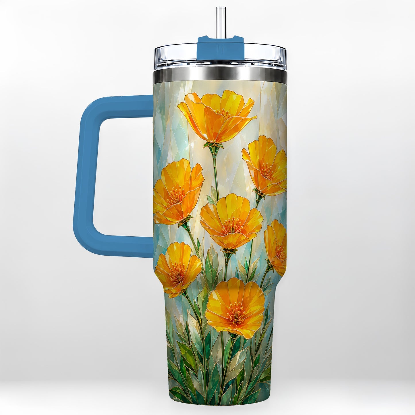 #pl[40oz|Blue] Orange Poppy 40oz Tumbler with Handle, Floral Travel Cup