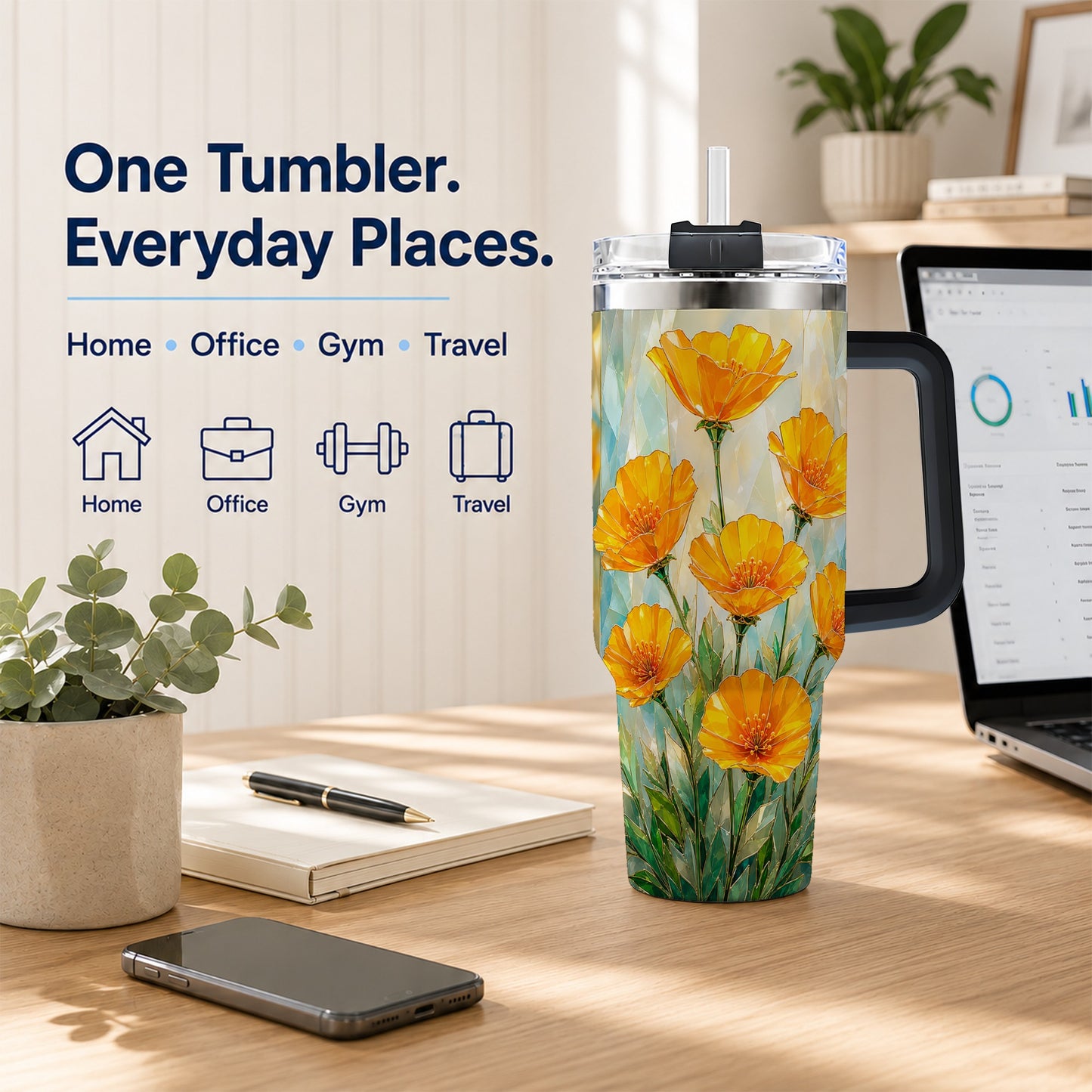 #pl[40oz|Black] Orange Poppy 40oz Tumbler with Handle, Floral Travel Cup