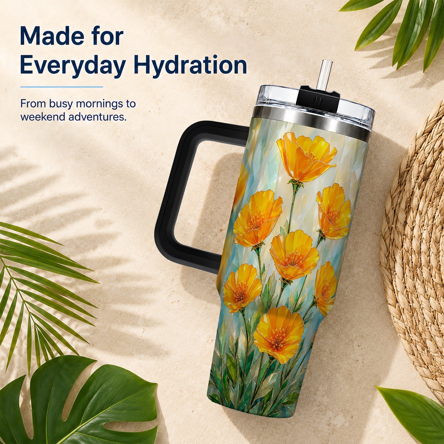 #pl[40oz|Black] Orange Poppy 40oz Tumbler with Handle, Floral Travel Cup