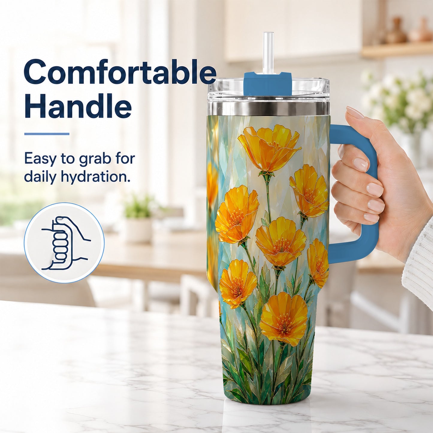 #pl[40oz|Blue] Orange Poppy 40oz Tumbler with Handle, Floral Travel Cup