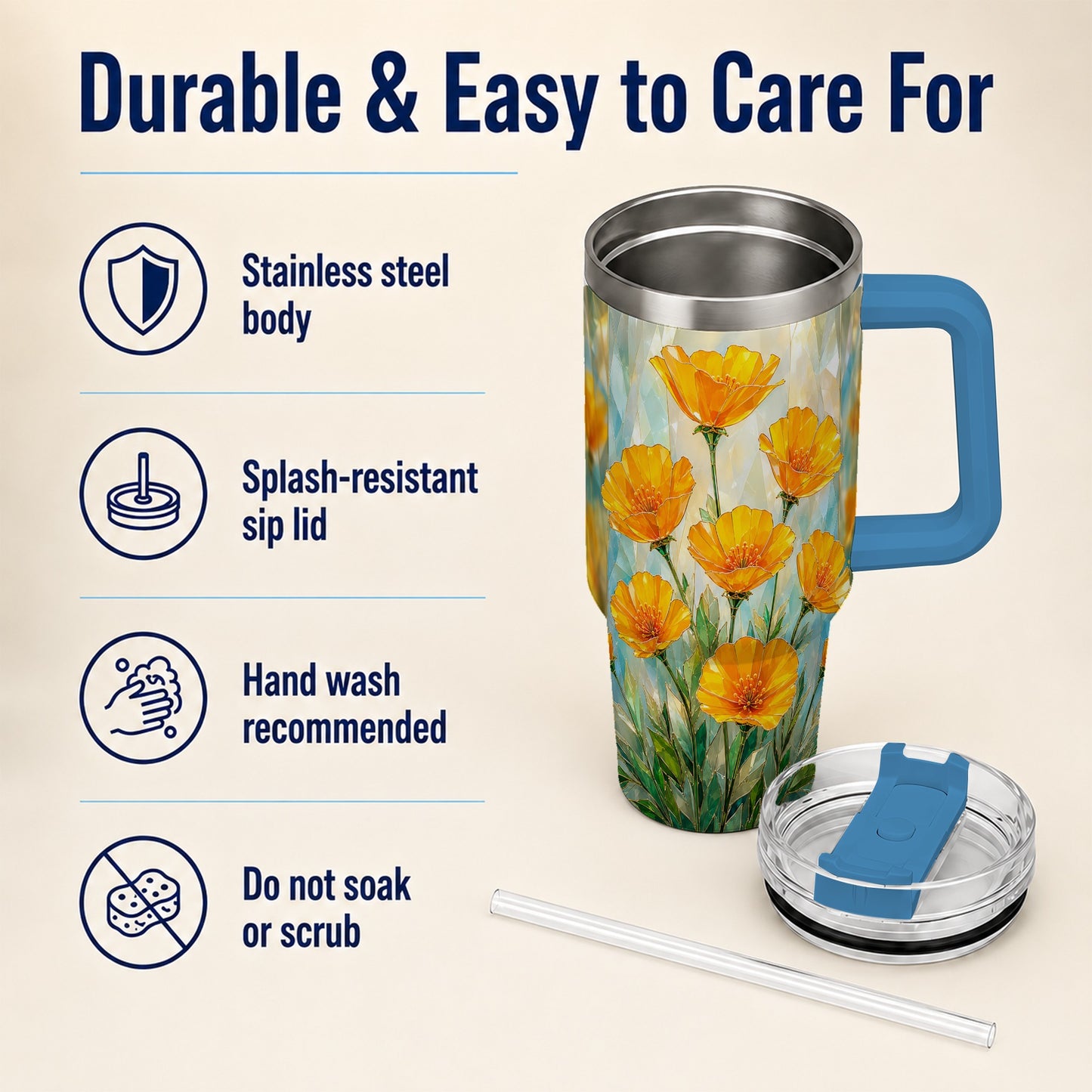 #pl[40oz|Blue] Orange Poppy 40oz Tumbler with Handle, Floral Travel Cup
