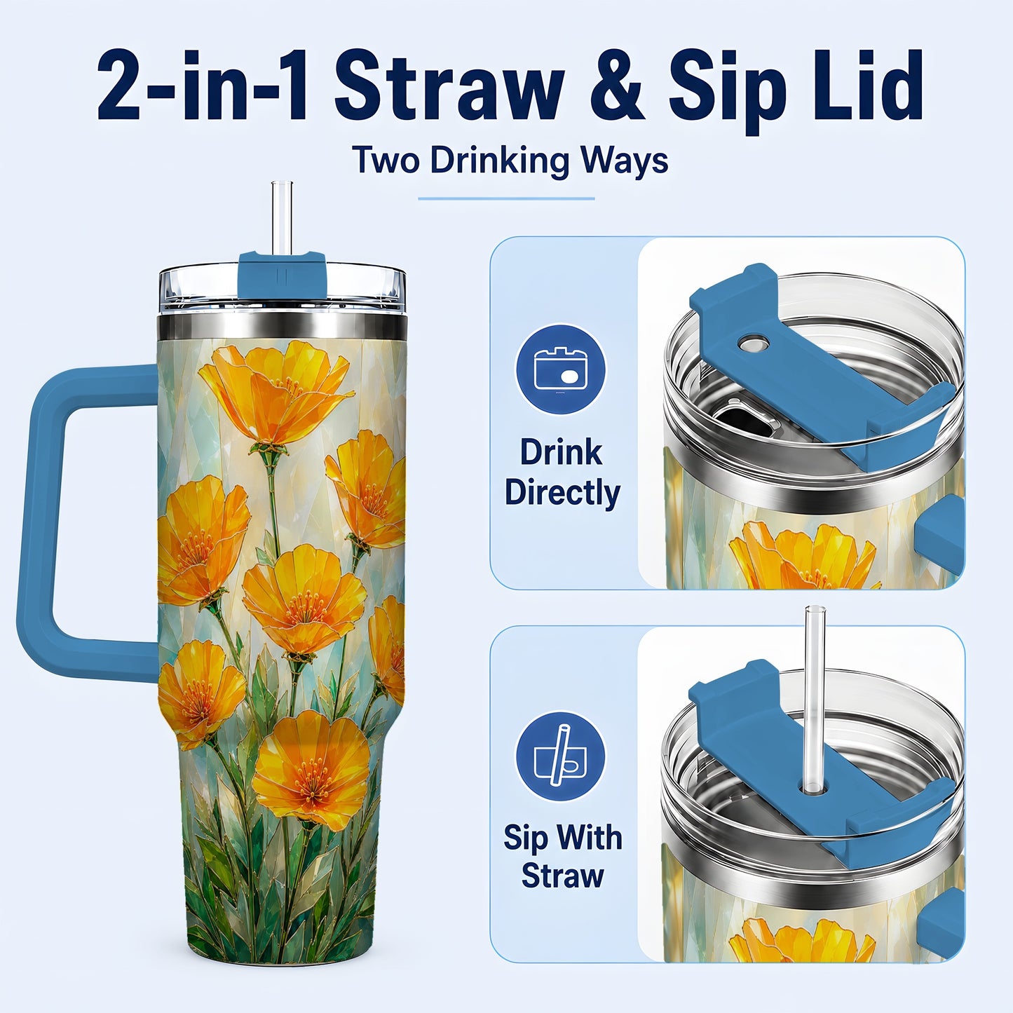 #pl[40oz|Blue] Orange Poppy 40oz Tumbler with Handle, Floral Travel Cup