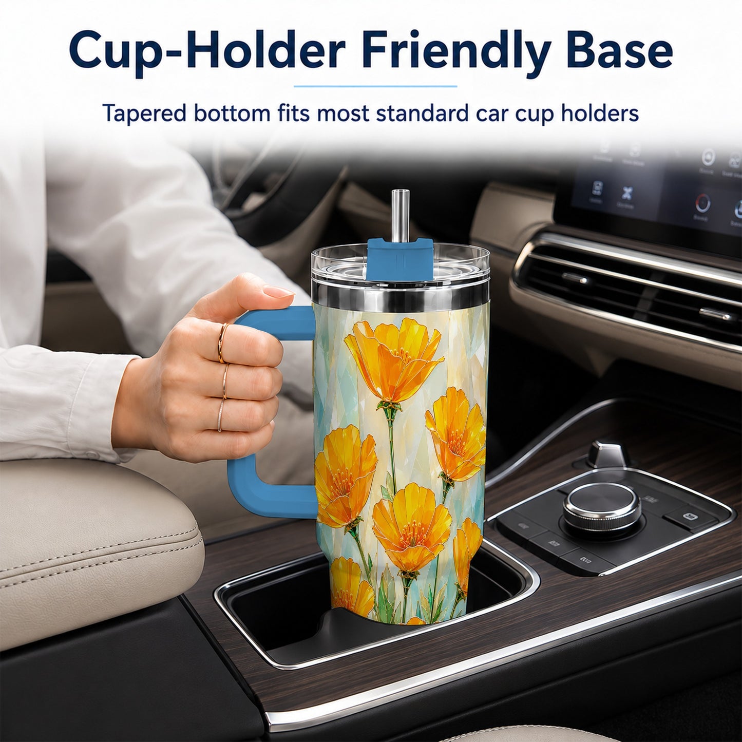 #pl[40oz|Blue] Orange Poppy 40oz Tumbler with Handle, Floral Travel Cup