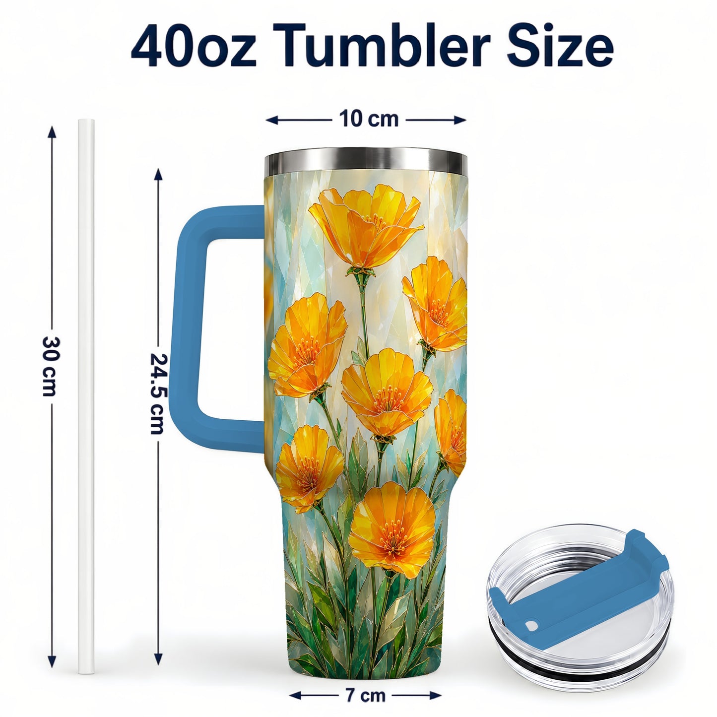 #pl[40oz|Blue] Orange Poppy 40oz Tumbler with Handle, Floral Travel Cup