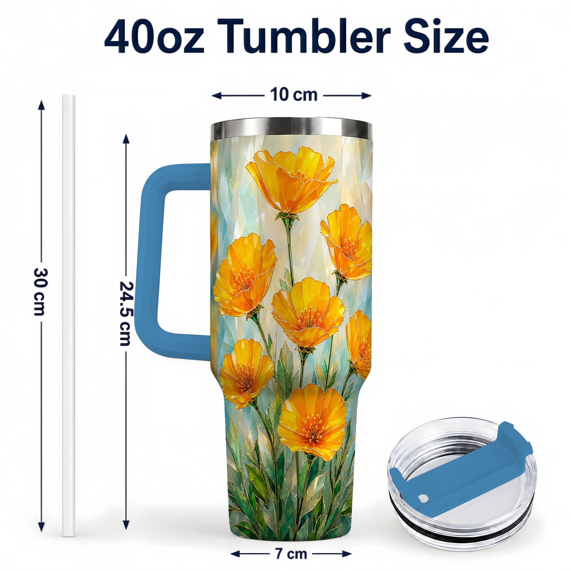 #pl[40oz|Blue] Orange Poppy 40oz Tumbler with Handle, Floral Travel Cup
