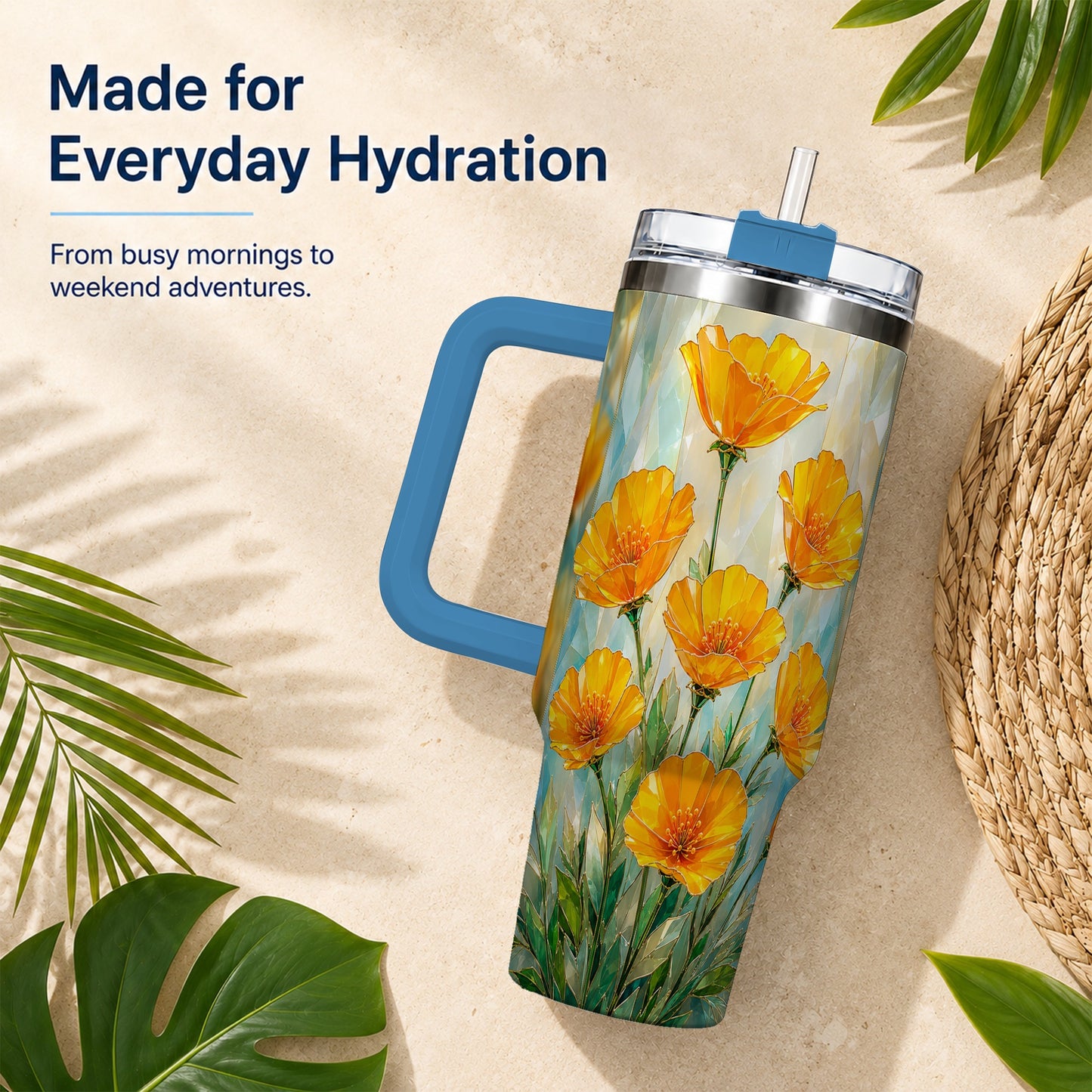 #pl[40oz|Blue] Orange Poppy 40oz Tumbler with Handle, Floral Travel Cup