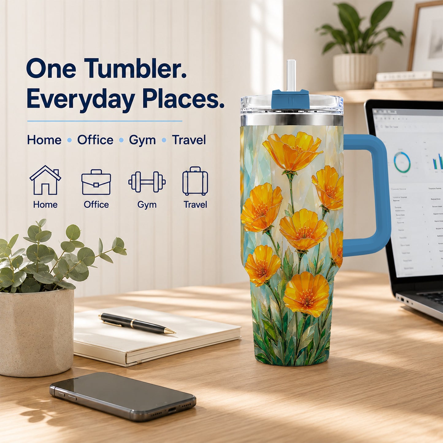 #pl[40oz|Blue] Orange Poppy 40oz Tumbler with Handle, Floral Travel Cup