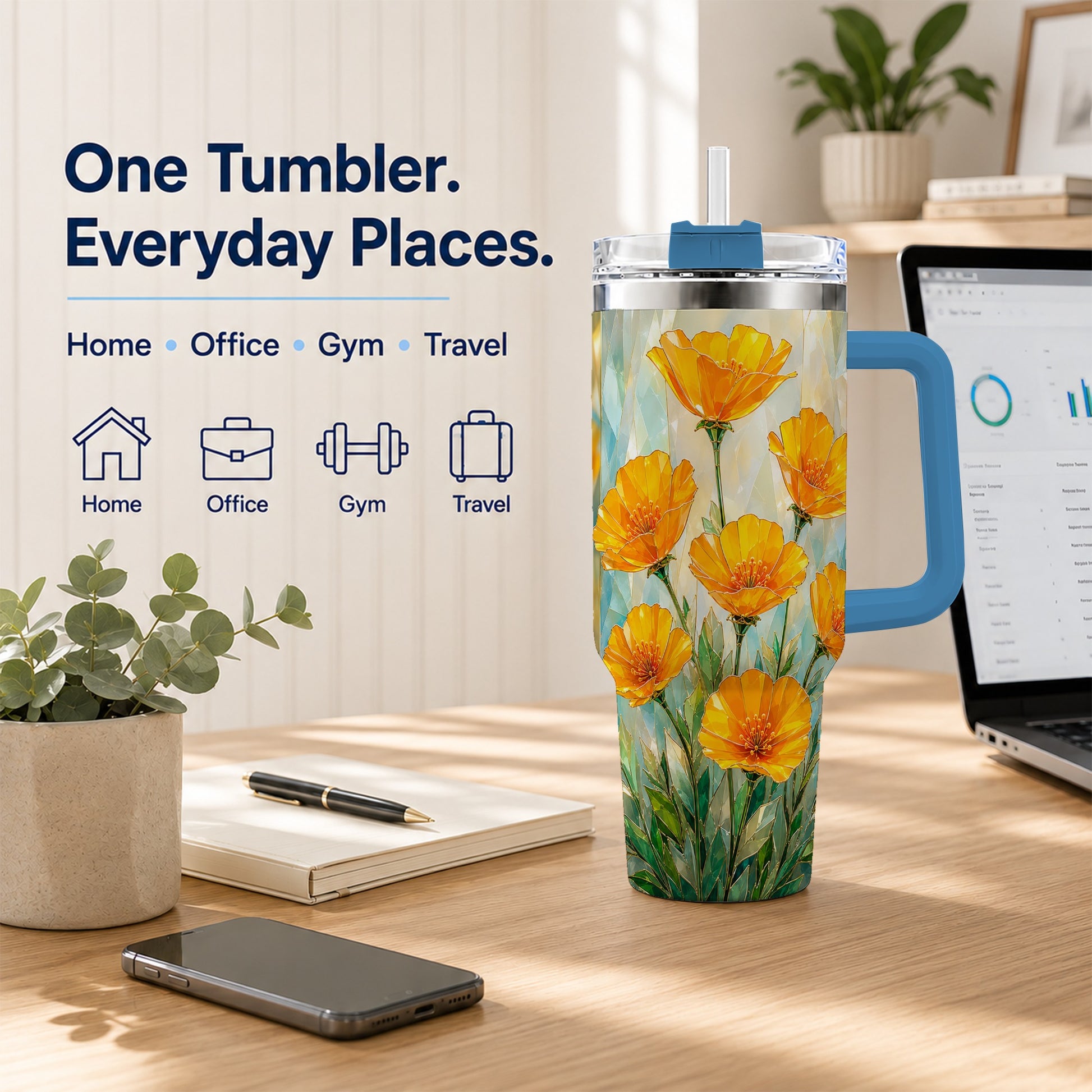 #pl[40oz|Blue] Orange Poppy 40oz Tumbler with Handle, Floral Travel Cup