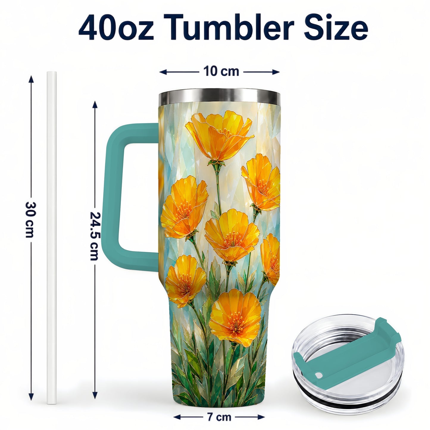#pl[40oz|Green] Orange Poppy 40oz Tumbler with Handle, Floral Travel Cup