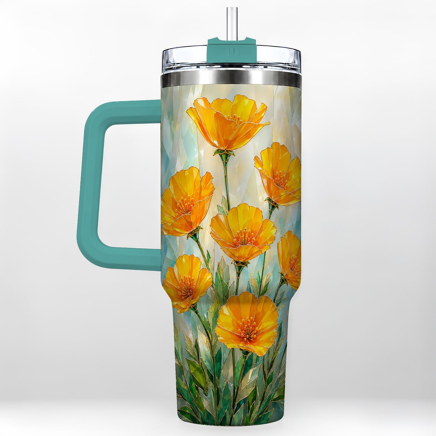 #pl[40oz|Green] Orange Poppy 40oz Tumbler with Handle, Floral Travel Cup