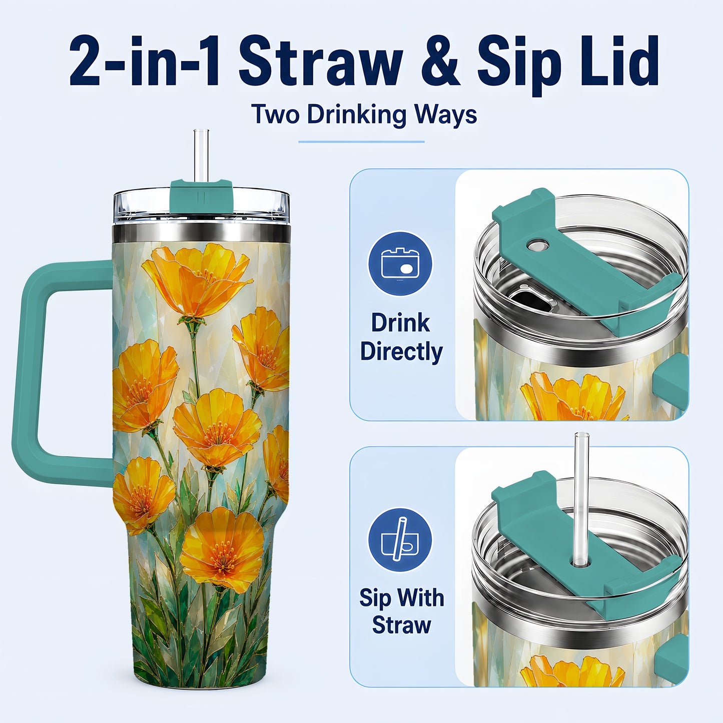 #pl[40oz|Green] Orange Poppy 40oz Tumbler with Handle, Floral Travel Cup
