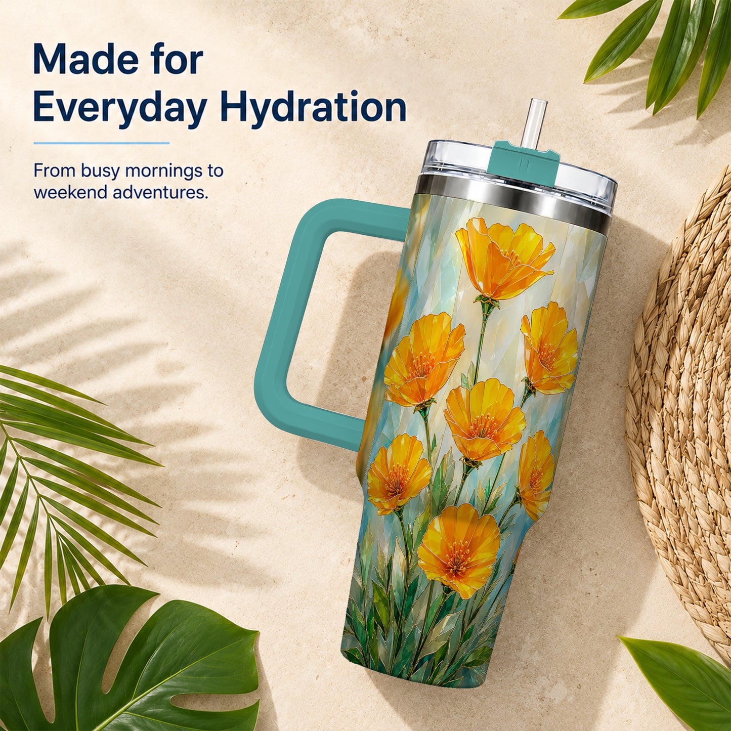 #pl[40oz|Green] Orange Poppy 40oz Tumbler with Handle, Floral Travel Cup