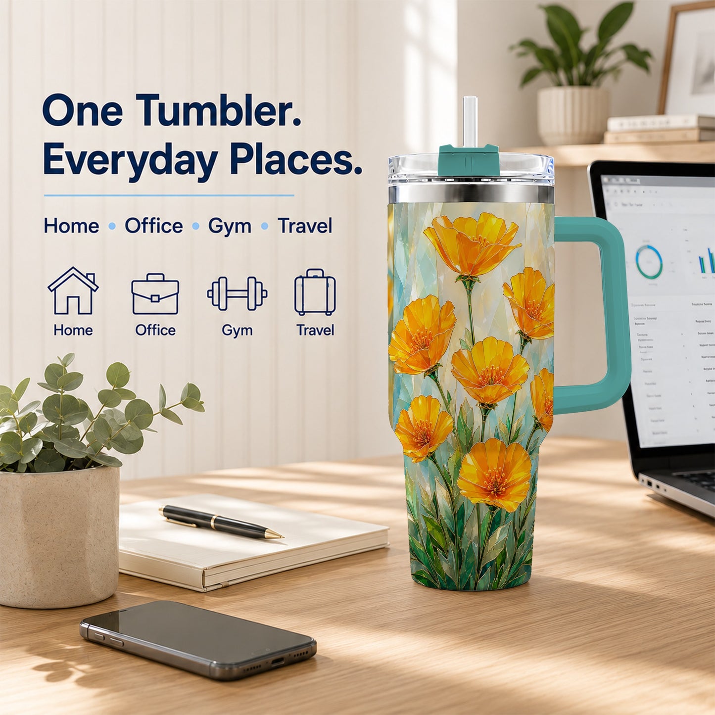 #pl[40oz|Green] Orange Poppy 40oz Tumbler with Handle, Floral Travel Cup