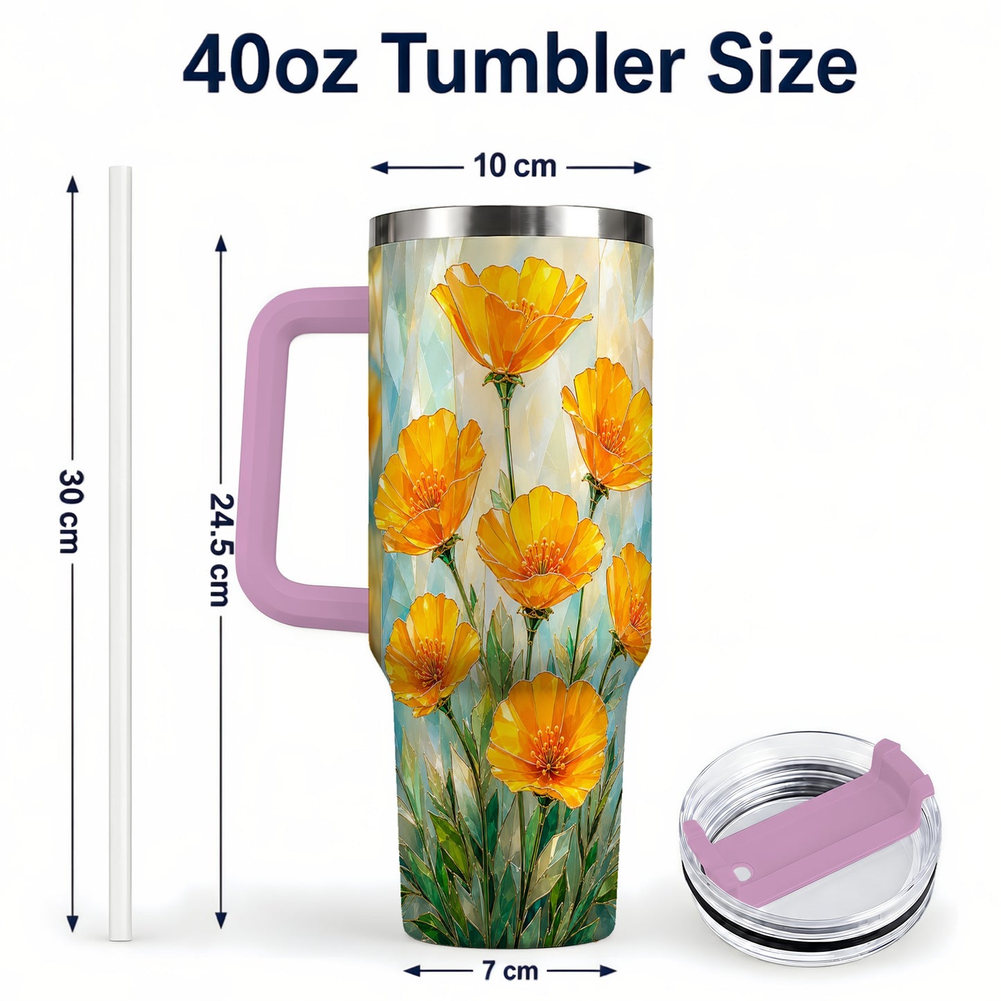 #pl[40oz|Pink] Orange Poppy 40oz Tumbler with Handle, Floral Travel Cup