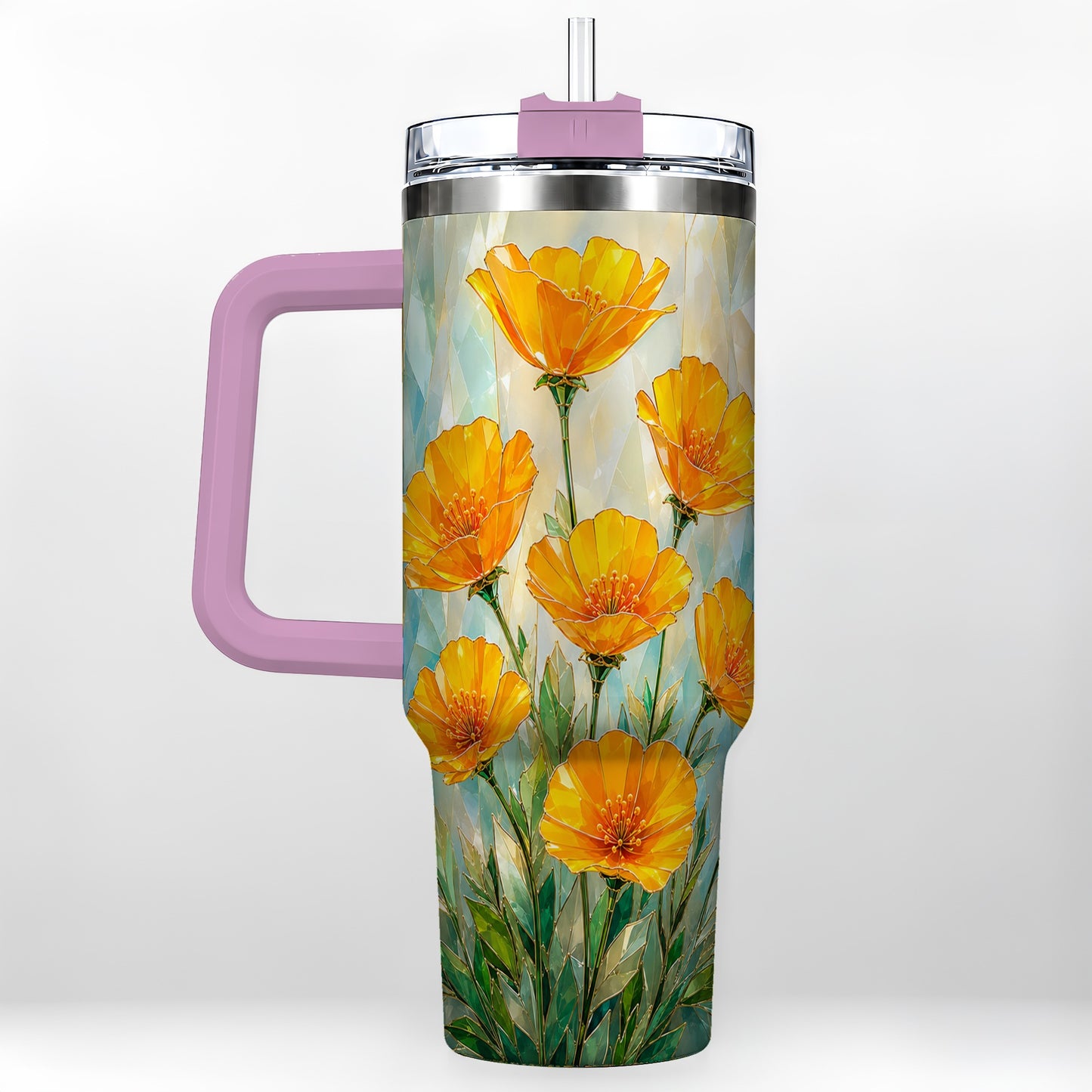 #pl[40oz|Pink] Orange Poppy 40oz Tumbler with Handle, Floral Travel Cup