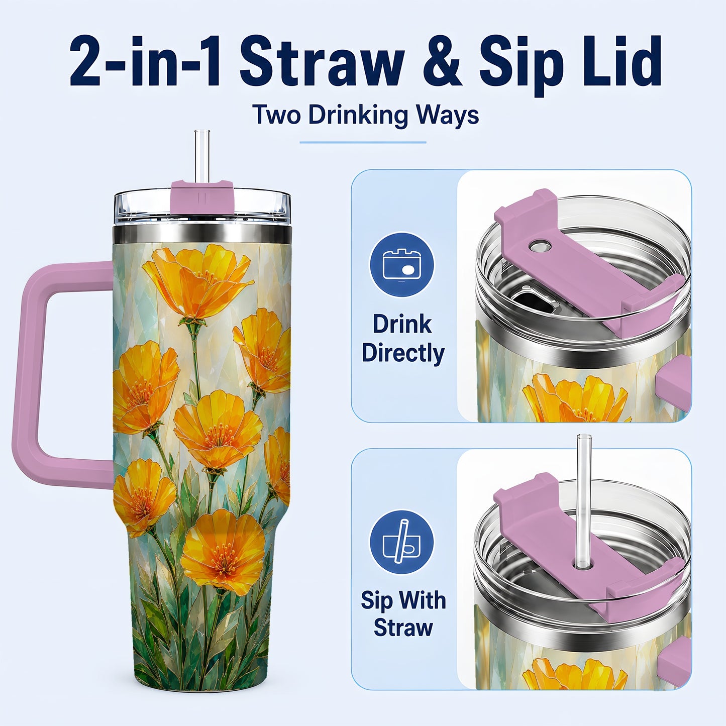 #pl[40oz|Pink] Orange Poppy 40oz Tumbler with Handle, Floral Travel Cup