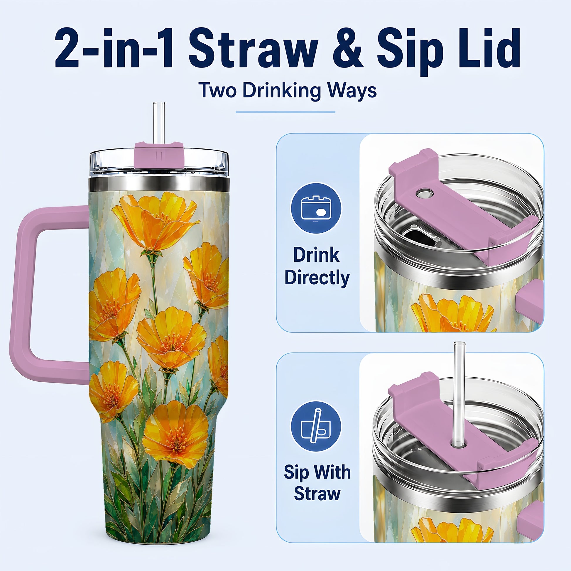 #pl[40oz|Pink] Orange Poppy 40oz Tumbler with Handle, Floral Travel Cup