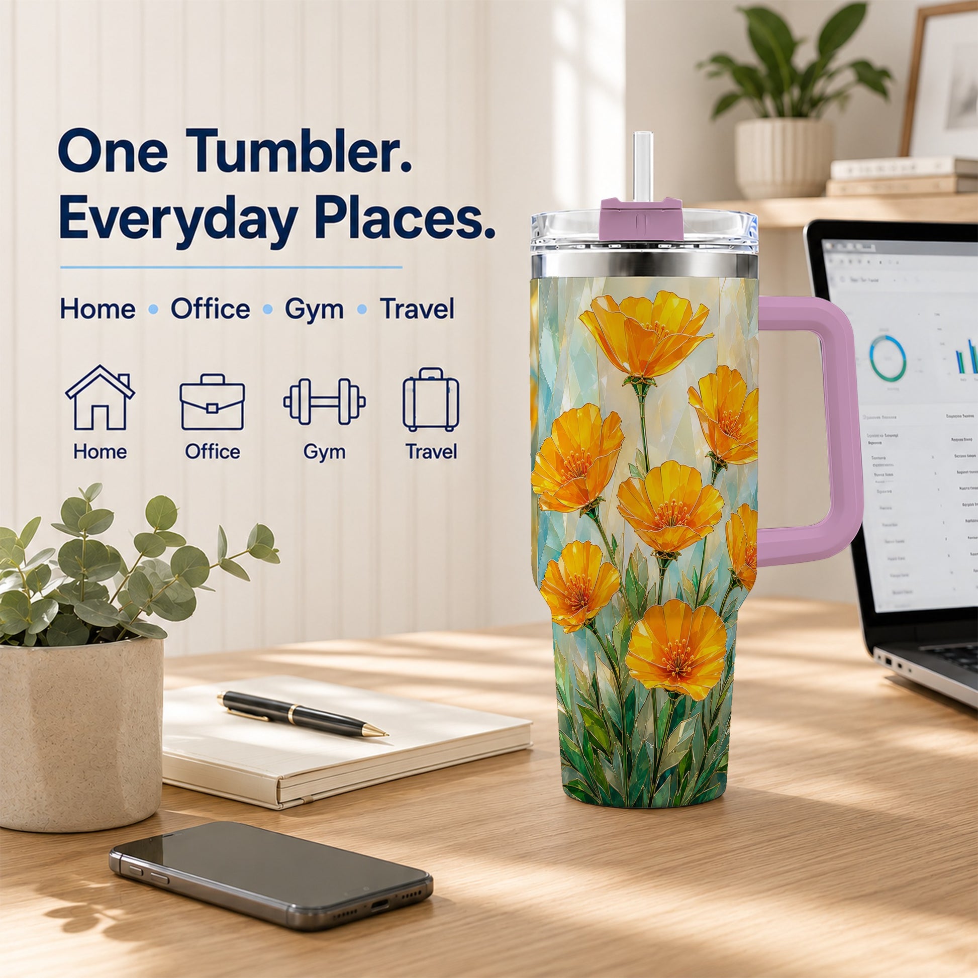 #pl[40oz|Pink] Orange Poppy 40oz Tumbler with Handle, Floral Travel Cup
