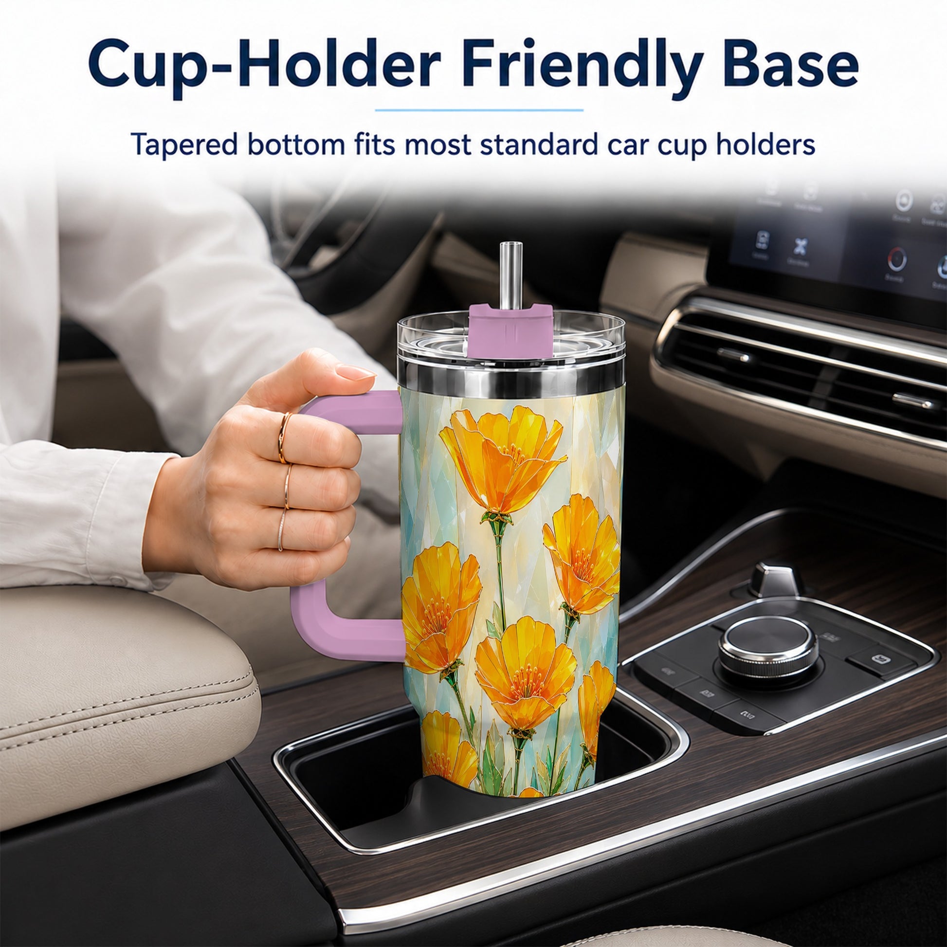 #pl[40oz|Pink] Orange Poppy 40oz Tumbler with Handle, Floral Travel Cup