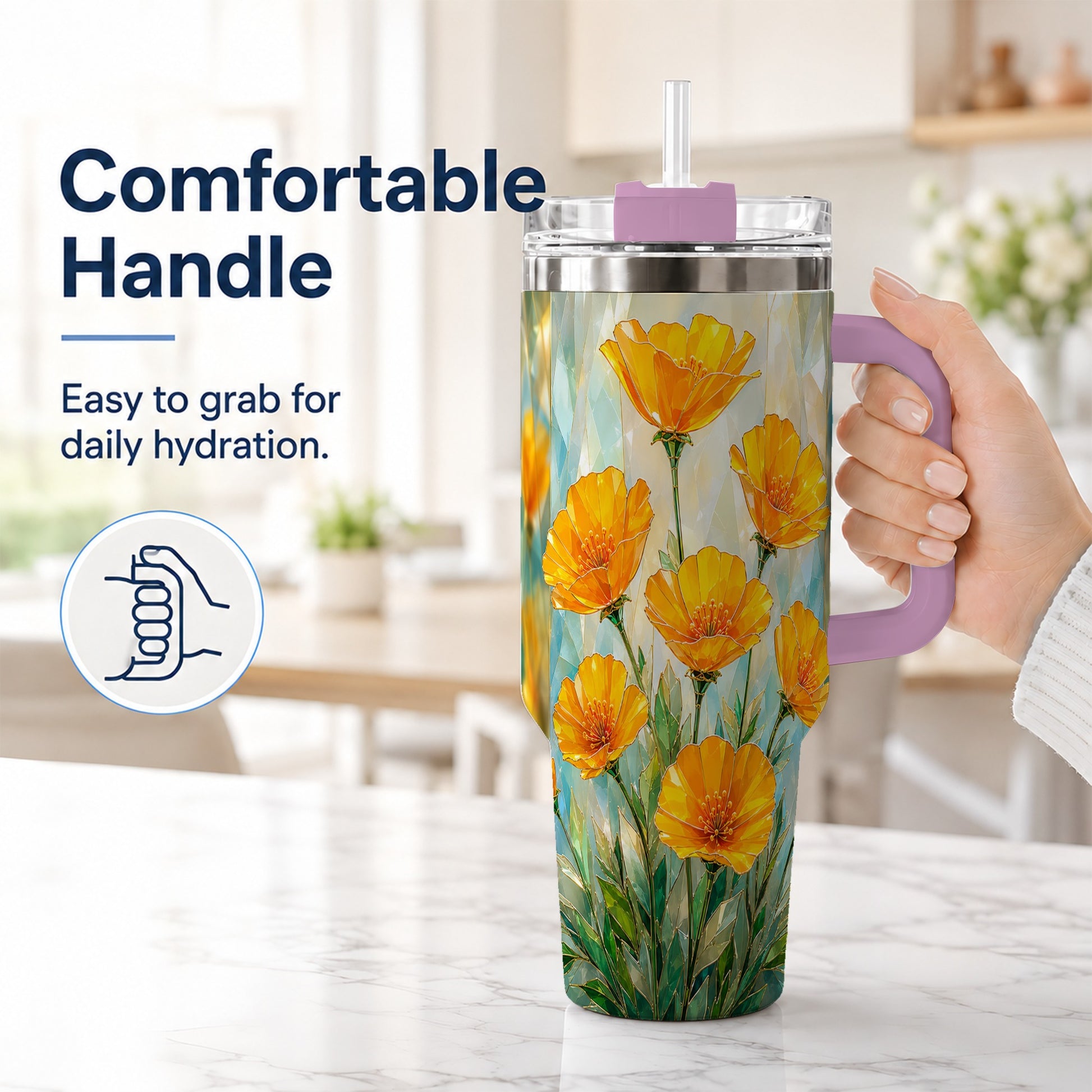 #pl[40oz|Pink] Orange Poppy 40oz Tumbler with Handle, Floral Travel Cup