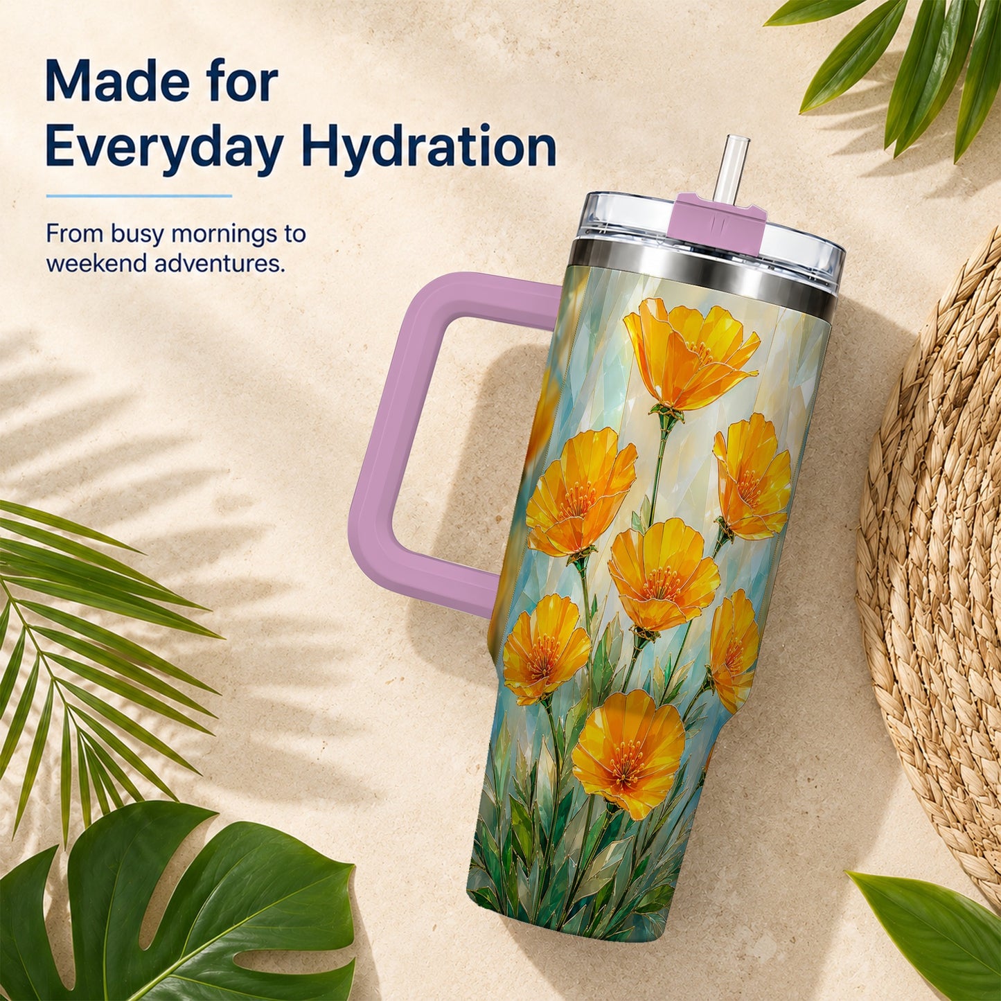 #pl[40oz|Pink] Orange Poppy 40oz Tumbler with Handle, Floral Travel Cup
