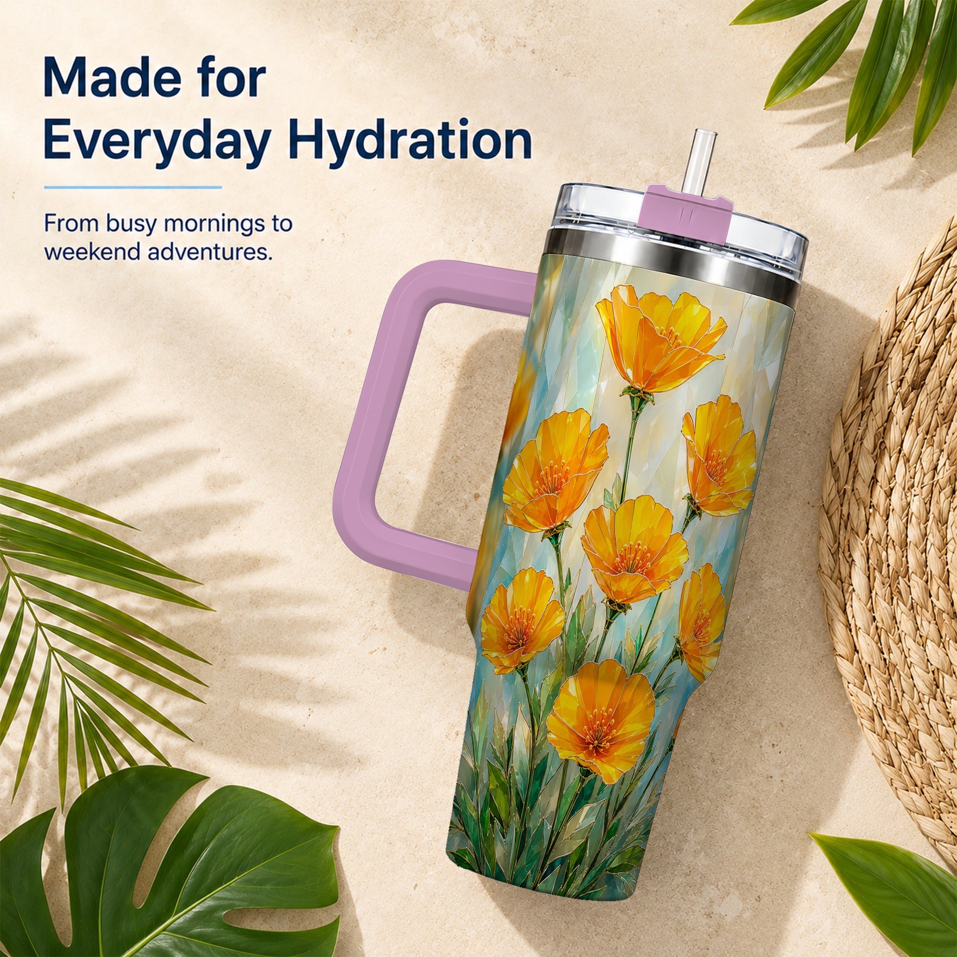 #pl[40oz|Pink] Orange Poppy 40oz Tumbler with Handle, Floral Travel Cup