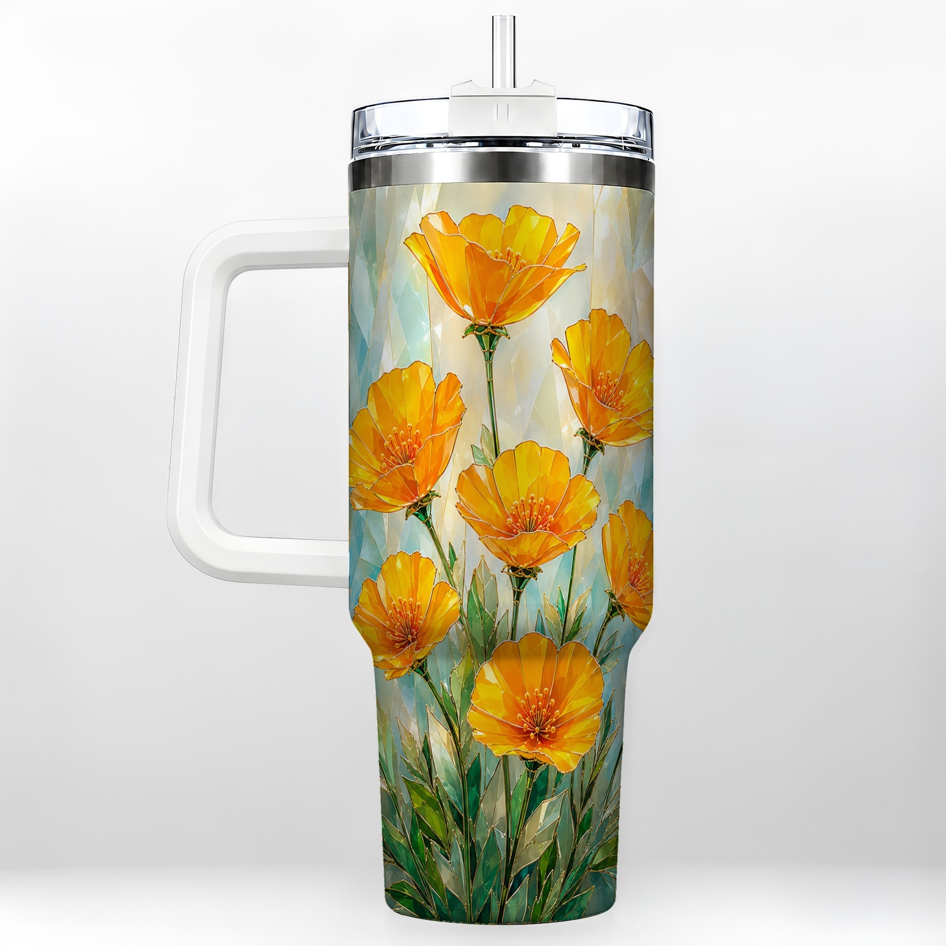 #pl[40oz|White] Orange Poppy 40oz Tumbler with Handle, Floral Travel Cup