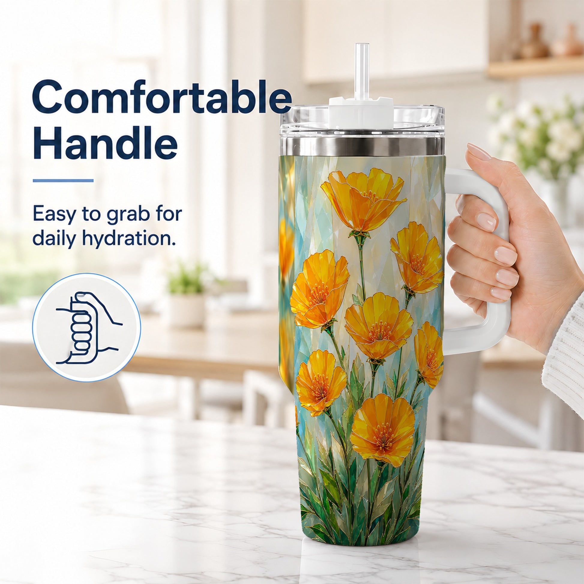#pl[40oz|White] Orange Poppy 40oz Tumbler with Handle, Floral Travel Cup