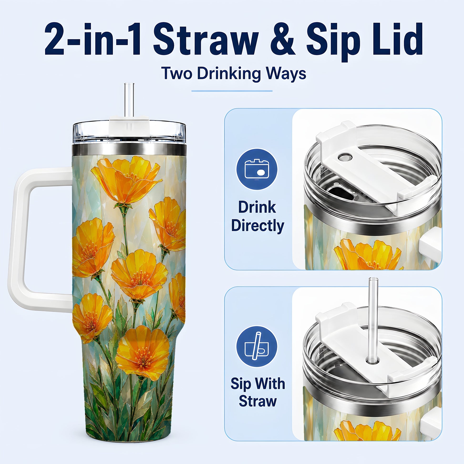 #pl[40oz|White] Orange Poppy 40oz Tumbler with Handle, Floral Travel Cup