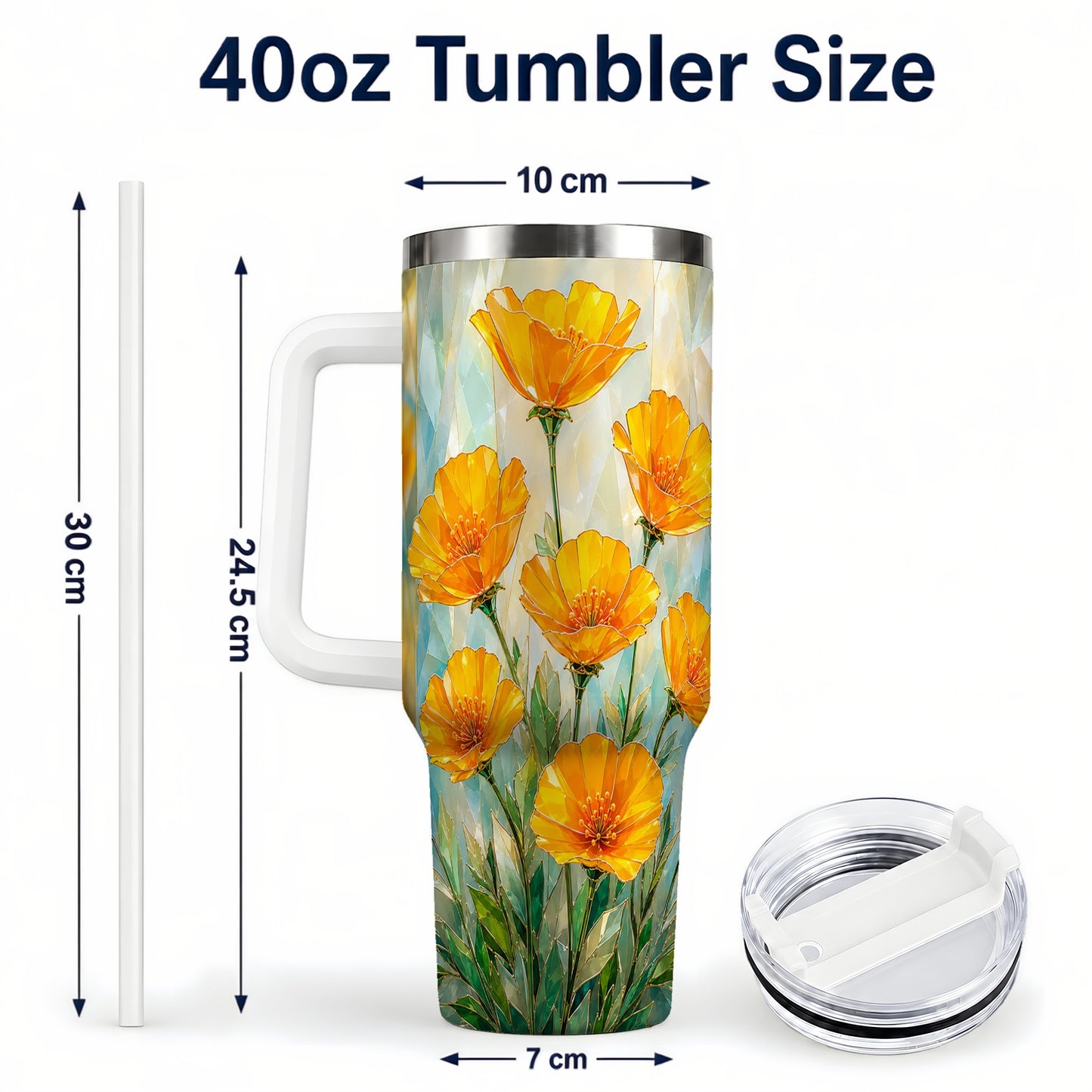 #pl[40oz|White] Orange Poppy 40oz Tumbler with Handle, Floral Travel Cup