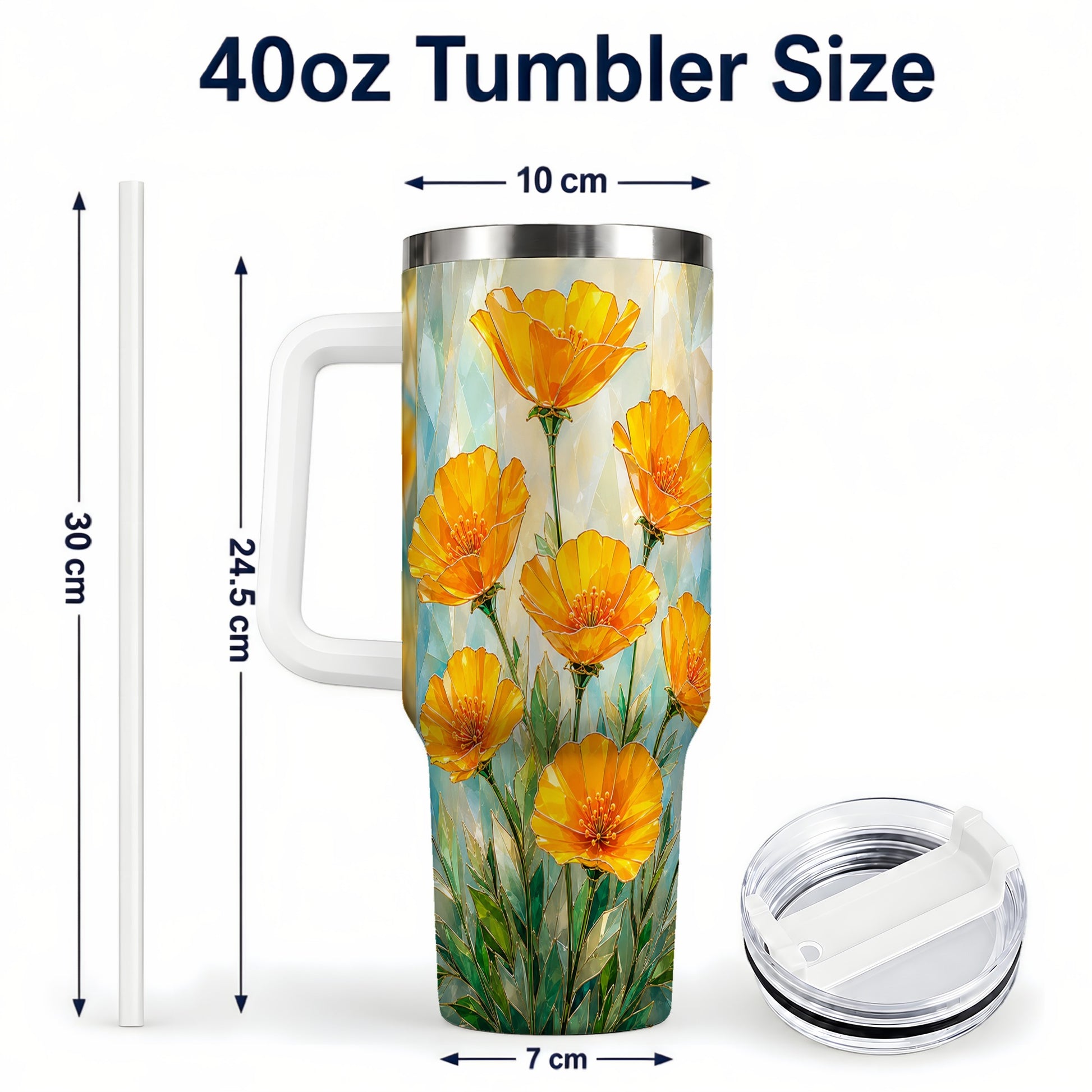 #pl[40oz|White] Orange Poppy 40oz Tumbler with Handle, Floral Travel Cup
