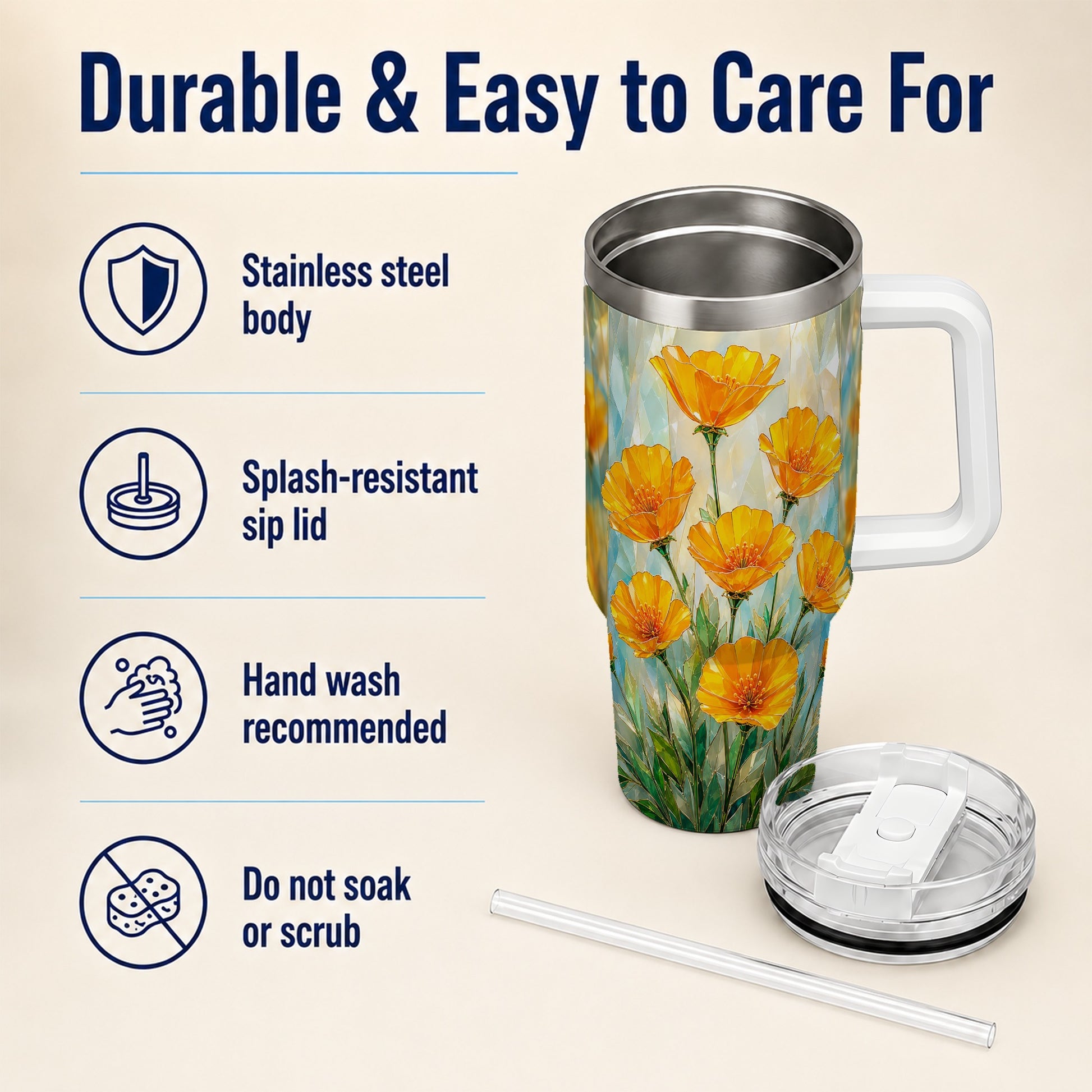 #pl[40oz|White] Orange Poppy 40oz Tumbler with Handle, Floral Travel Cup