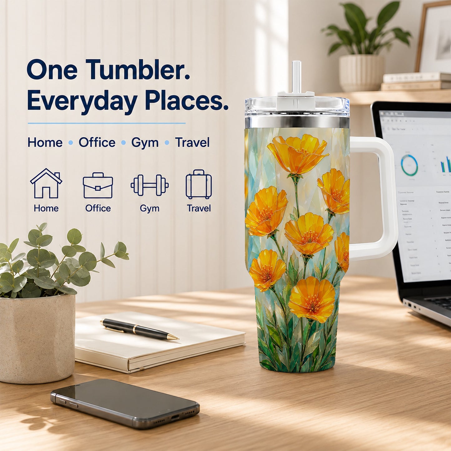 #pl[40oz|White] Orange Poppy 40oz Tumbler with Handle, Floral Travel Cup