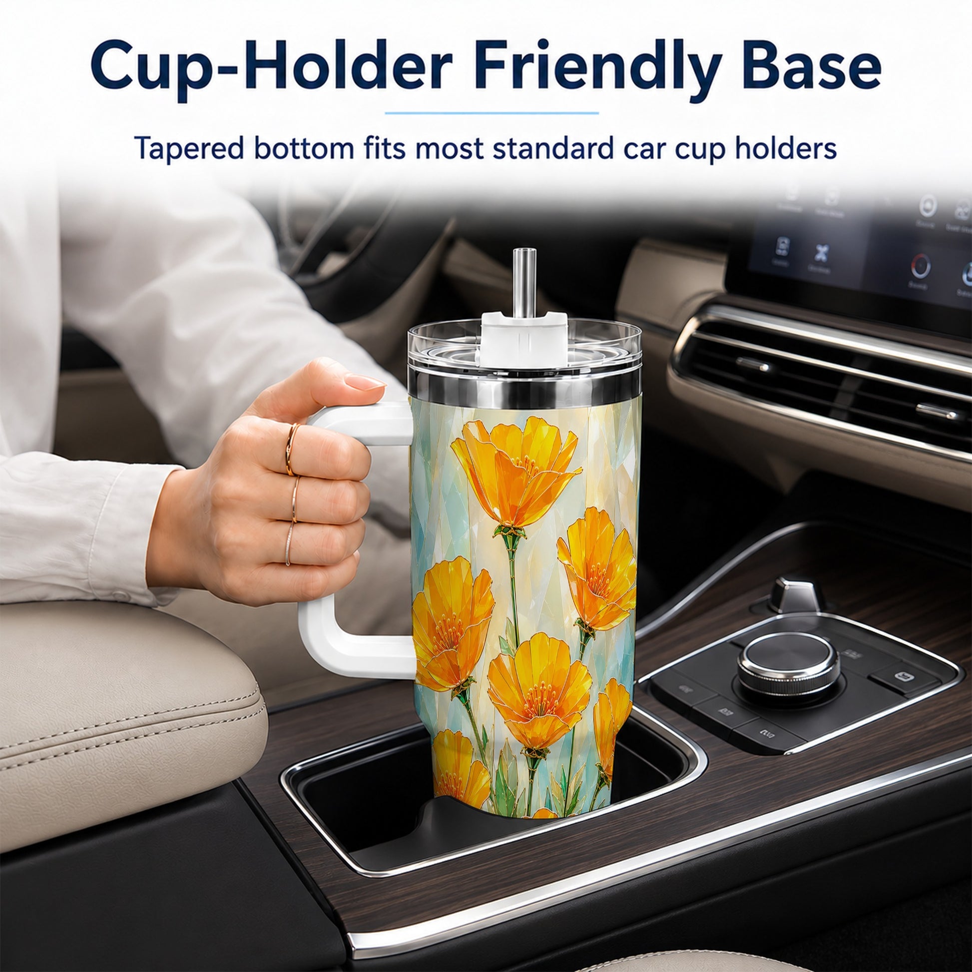 #pl[40oz|White] Orange Poppy 40oz Tumbler with Handle, Floral Travel Cup