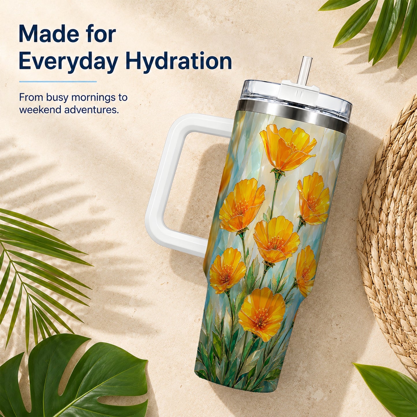 #pl[40oz|White] Orange Poppy 40oz Tumbler with Handle, Floral Travel Cup
