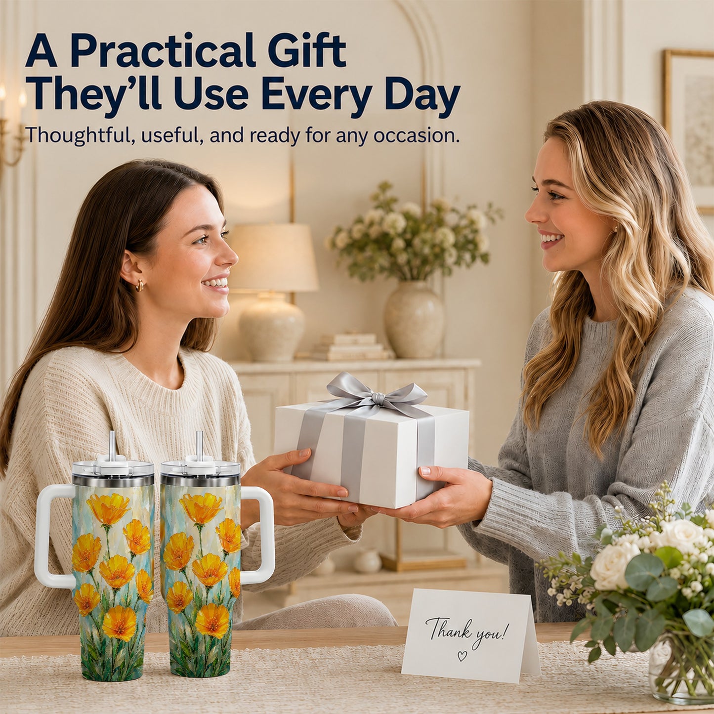 #pl[40oz|White] Orange Poppy 40oz Tumbler with Handle, Floral Travel Cup