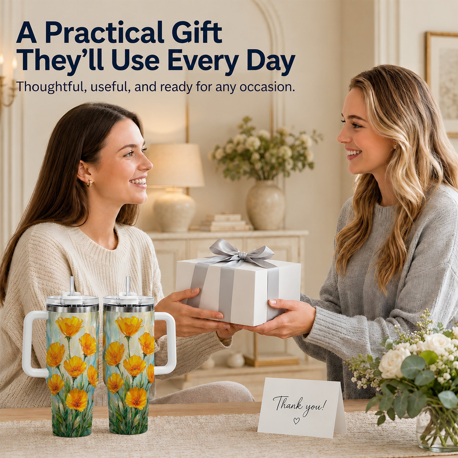#pl[40oz|White] Orange Poppy 40oz Tumbler with Handle, Floral Travel Cup