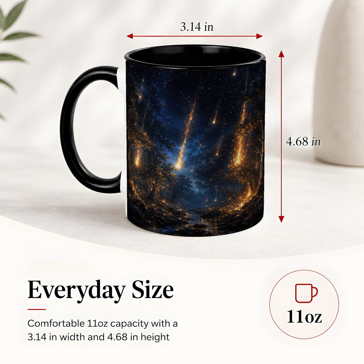 #pl[11oz|Black] Meteor Shower Forest Ceramic Mug, Celestial Night Art