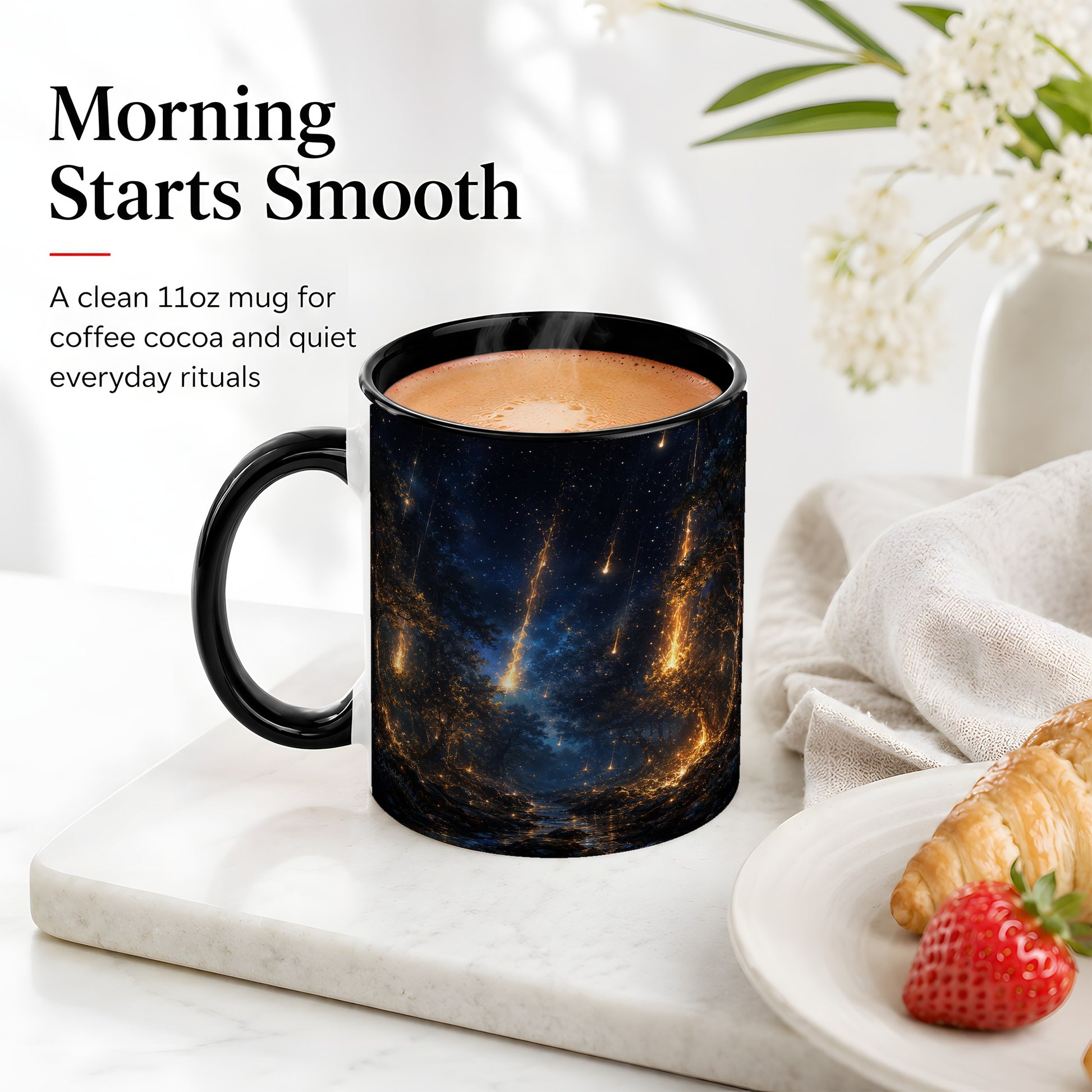 #pl[11oz|Black] Meteor Shower Forest Ceramic Mug, Celestial Night Art