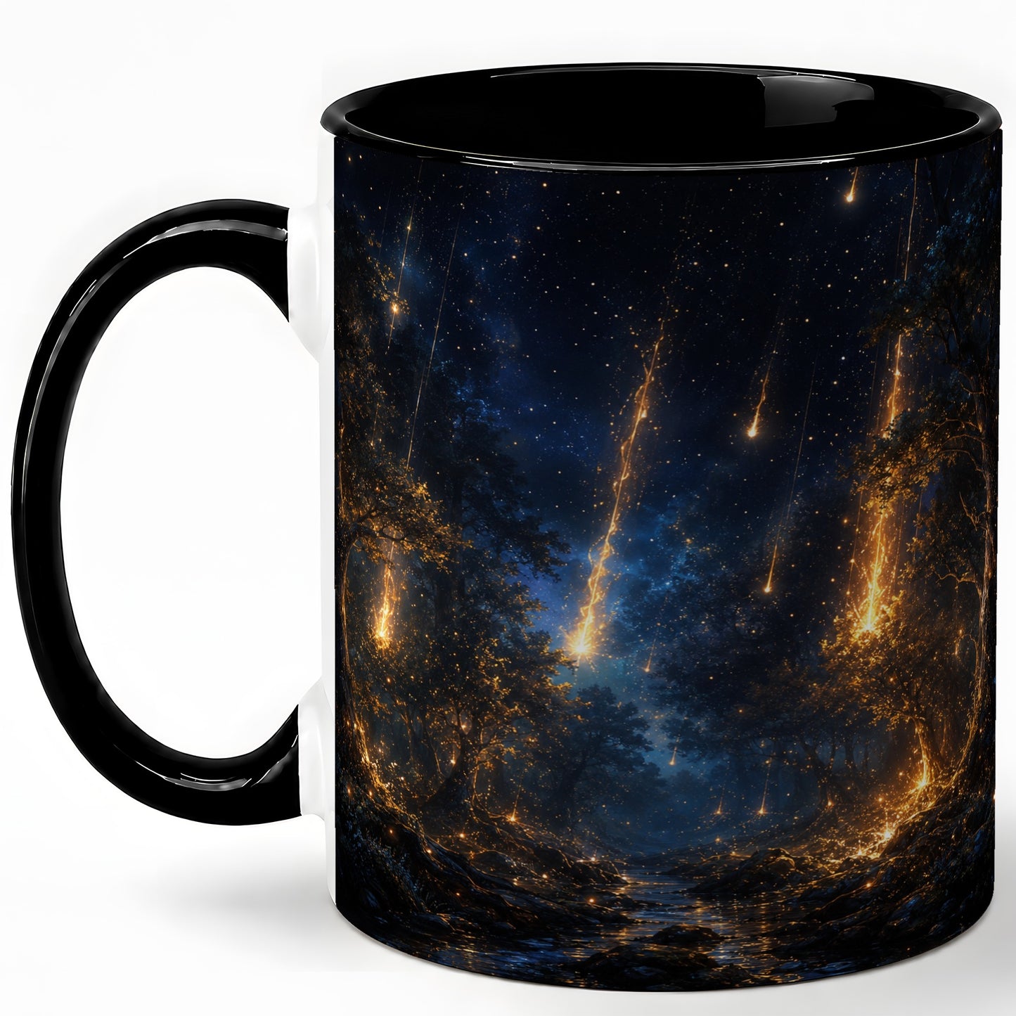 #pl[11oz|Black] Meteor Shower Forest Ceramic Mug, Celestial Night Art