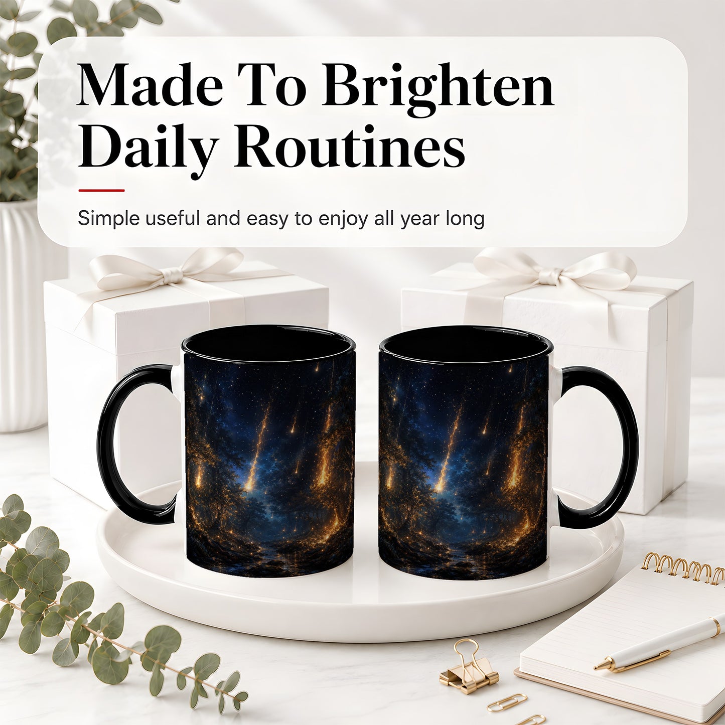 #pl[11oz|Black] Meteor Shower Forest Ceramic Mug, Celestial Night Art