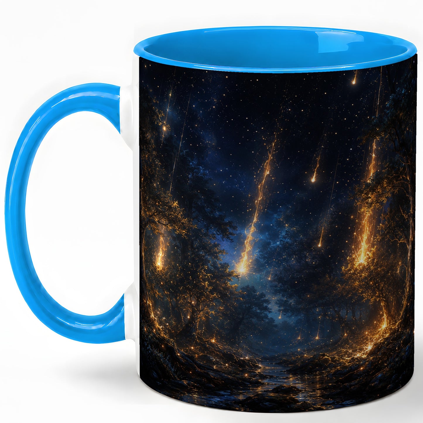 #pl[11oz|Blue] Meteor Shower Forest Ceramic Mug, Celestial Night Art