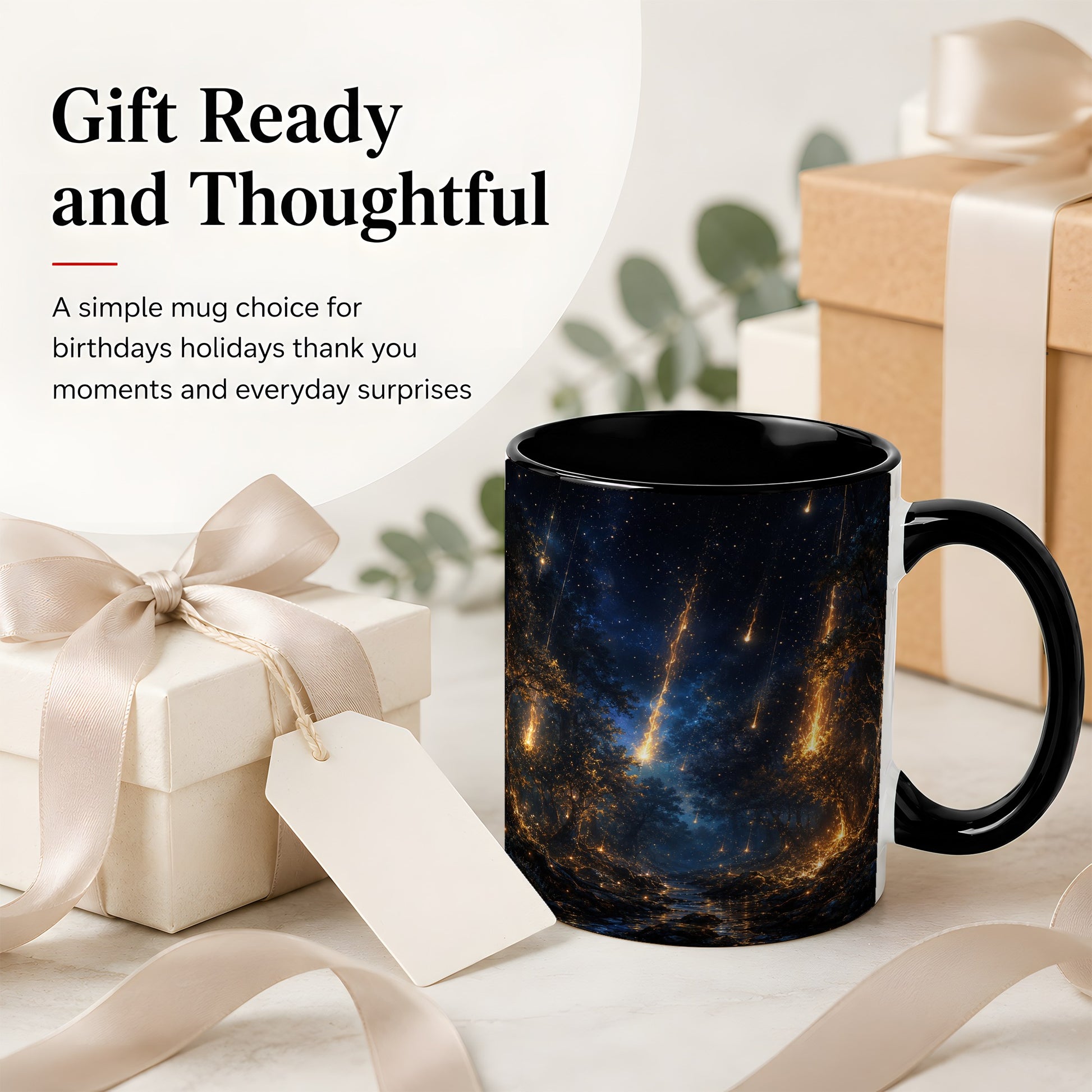 #pl[11oz|Black] Meteor Shower Forest Ceramic Mug, Celestial Night Art