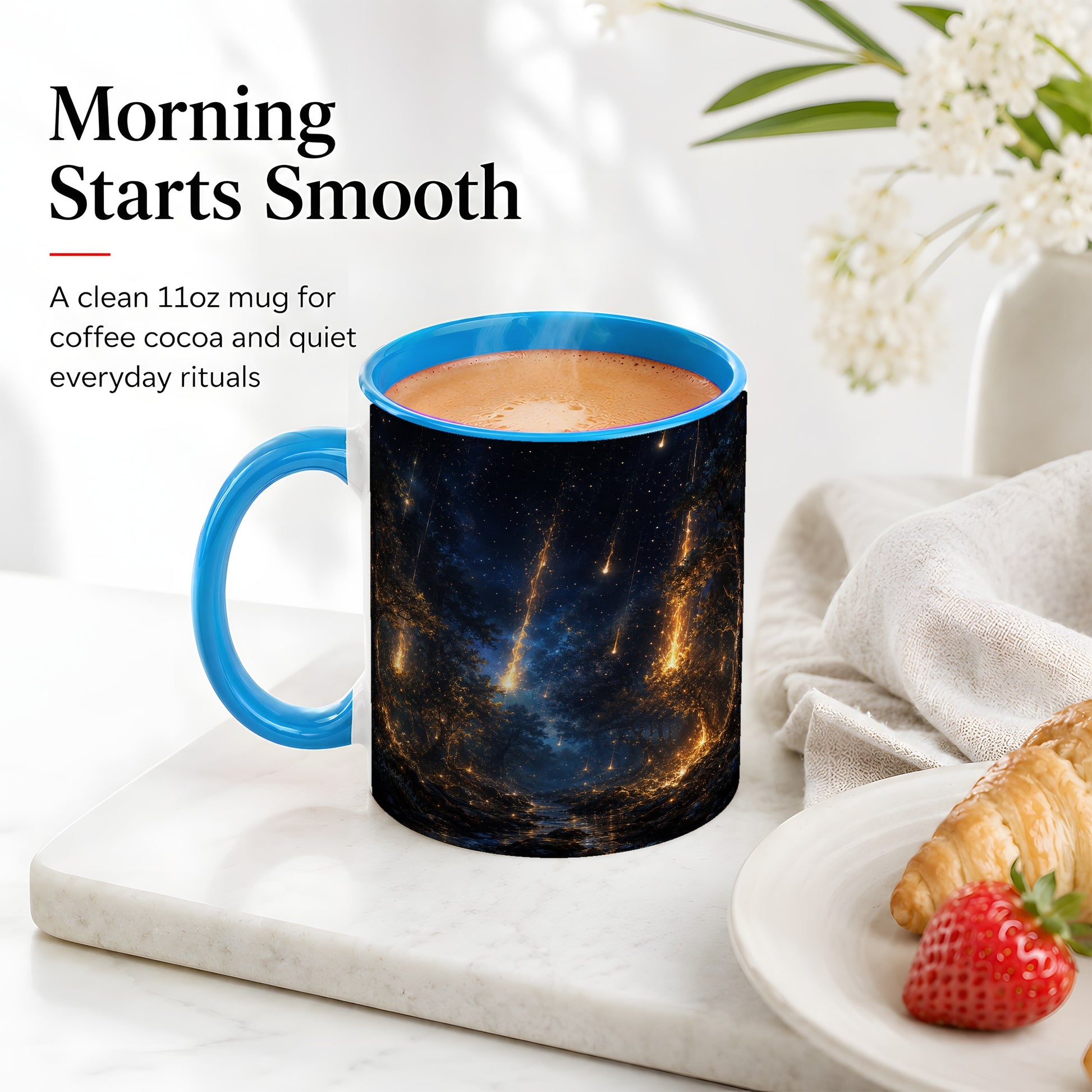 #pl[11oz|Blue] Meteor Shower Forest Ceramic Mug, Celestial Night Art