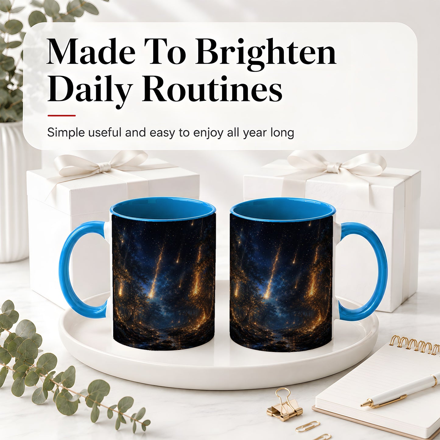 #pl[11oz|Blue] Meteor Shower Forest Ceramic Mug, Celestial Night Art